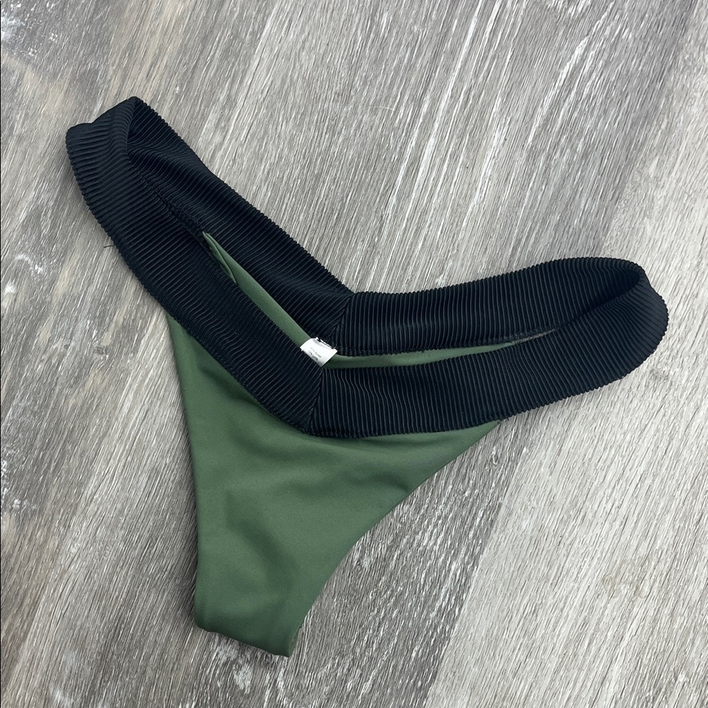 Demon Bikini XS Olive Green Black Ribbed Thong Bikini Bottom Handmade Swimwear